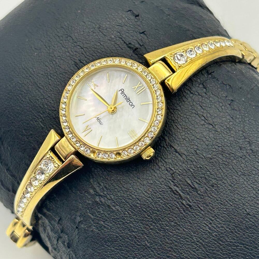 Armitron Now Gold Tone Crystal Bezel Mother Pearl Women’s Watch New Battery